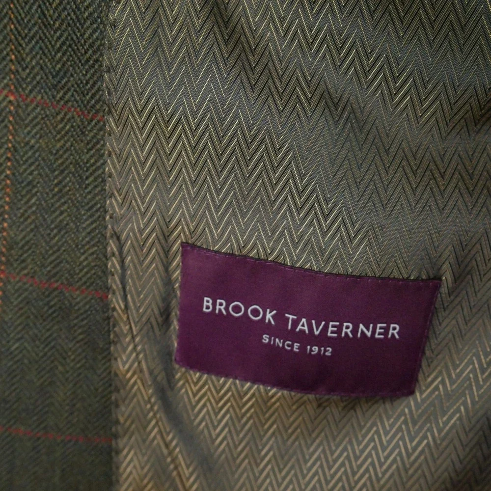 Brook Taverner 42R Wool Blazer Tweed Olive Green Herringbone Windowpane Jacket